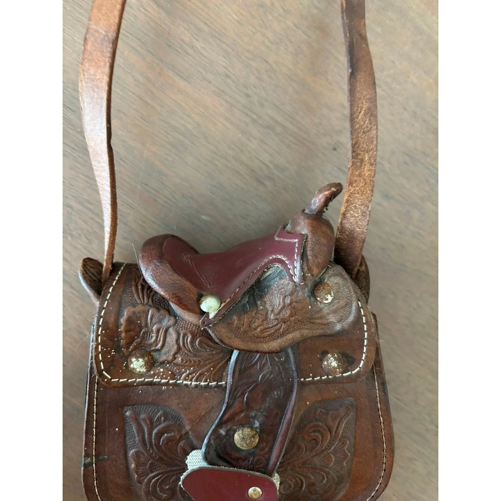 Vintage 70s Tooled Leather Handmade Shearling Horse Saddle Purse Western Bag